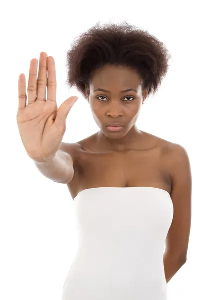 Samostatný afro americký černá žena dělat symbol ruky pro ne. — Stock fotografie