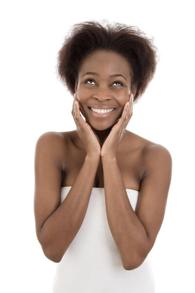 Happy isolated black afro american young woman over white.