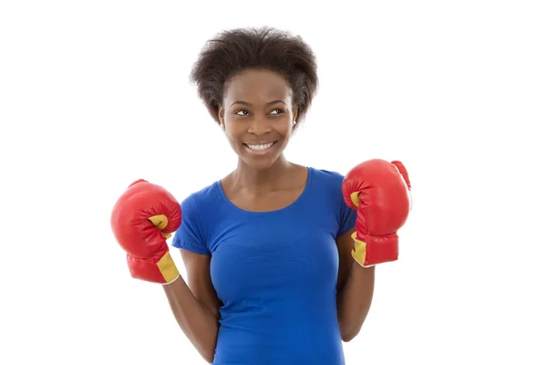 陽気な若いアフロ アメリカン ブラック女性ボクシング グローブ. — ストック写真
