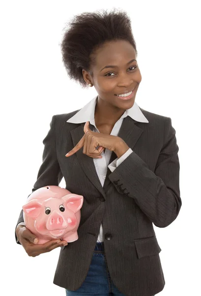 Empresária afro-americana isolada com banco piggy: dinheiro conc — Fotografia de Stock