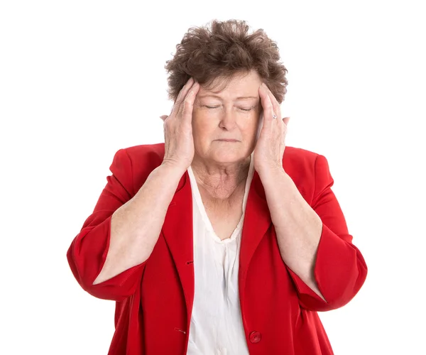 Isolierte ältere Frau mit Kopfschmerzen, Migräne oder Vergesslichkeit. — Stockfoto