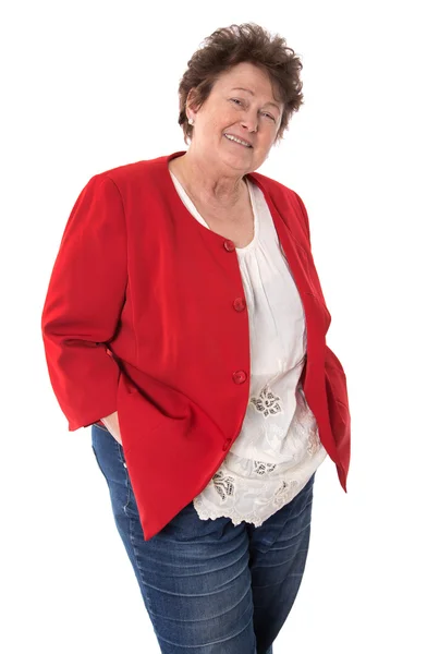 Portré: nyugdíjas boldog idősebb nő elszigetelt fehér visel egy — Stock Fotó