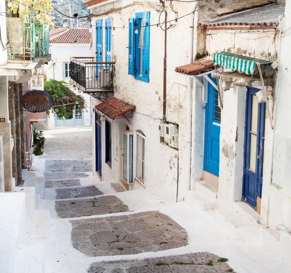 Traditional houses on the greek Islands in blue colors.