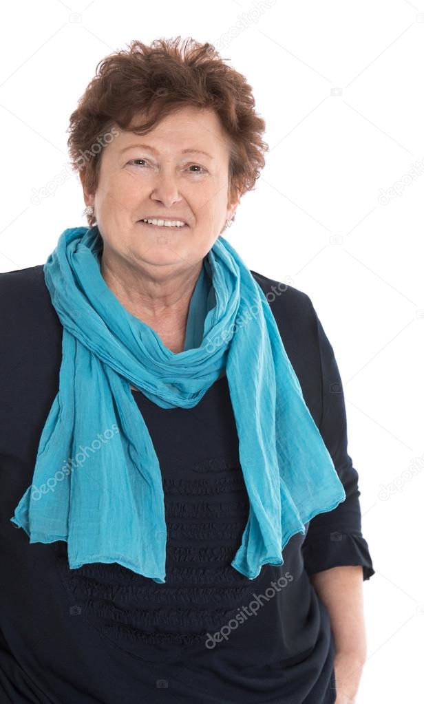 Portrait of a satisfied smiling older woman isolated over white.