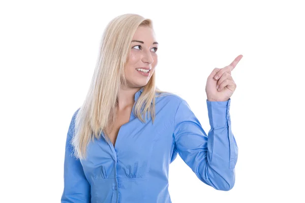 Kobieta na białym tle młody biznes blond w niebieski z jej objawami — Zdjęcie stockowe