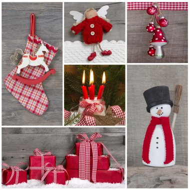 klassieke decoratie van Kerstmis in rood en wit met sneeuw. Collage