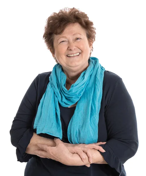 Retrato: Mujer jubilada feliz aislada vistiendo azul y turquo — Foto de Stock