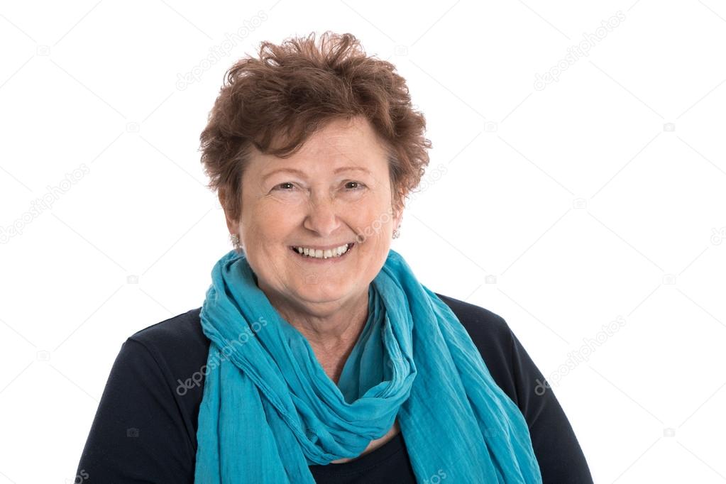 Portrait: Isolated happy pensioner woman wearing blue and turquo