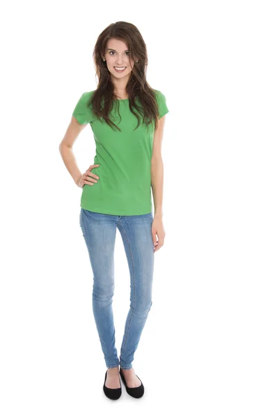 Isolated slim young woman in blue and green in whole body shoot. — Stock Photo, Image