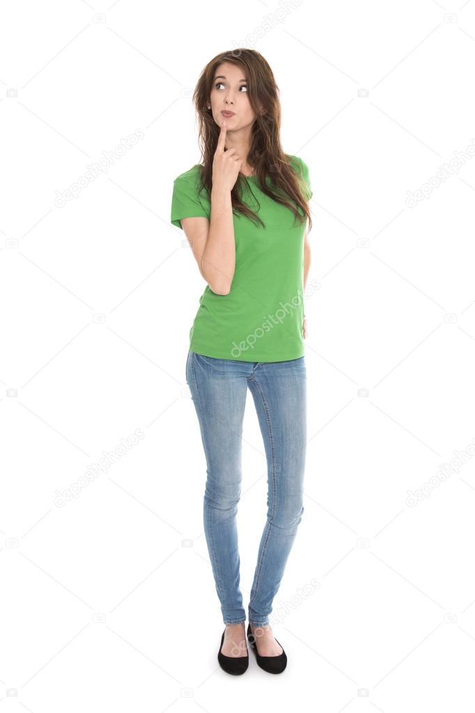 Slim young woman wearing green shirt and blue jeans in full body