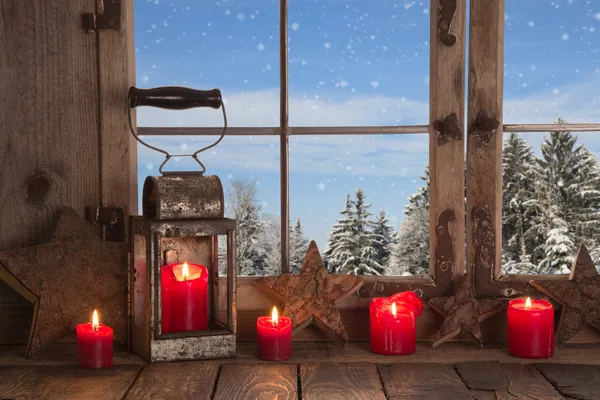 Country Christmas decoration: wooden window decorated with red c — Stock Photo, Image