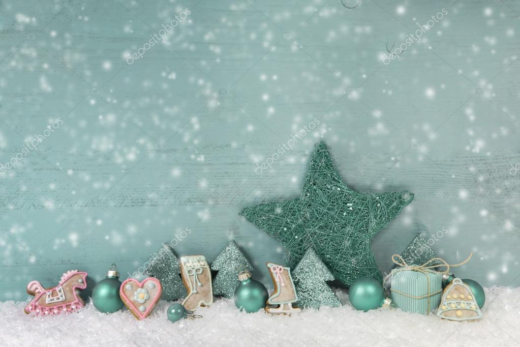 Weihnachtshintergrund aus Holz in grün oder türkis. Shabby Chic