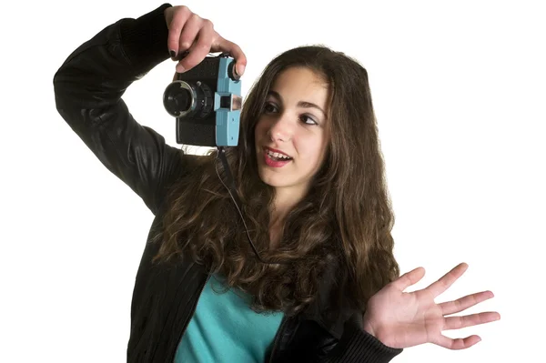 Teenage girl holding plastic camera — Stock Photo, Image