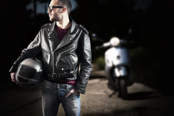 Biker on leather jacket and sunglasses Stock Photo