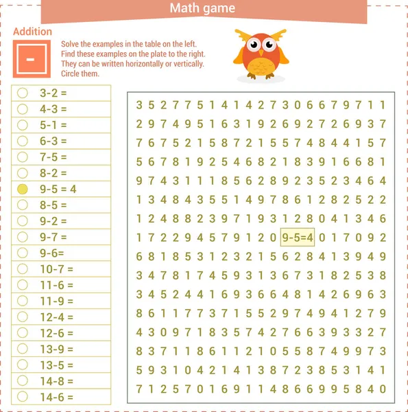 Mathematisches Spiel. Lösen Sie die Beispiele auf der Stockvektor