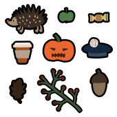 illustration with halloween pumpkin and fall season icons on white 