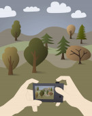 vektor s kresleným fotografem fotografujícím les 