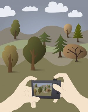 Karikatür fotoğrafçısı olan vektör orman fotoğrafı çekiyor. 