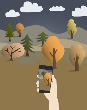 Karikatür adamın vektörü akıllı telefondan ormanın fotoğrafını çekiyor.