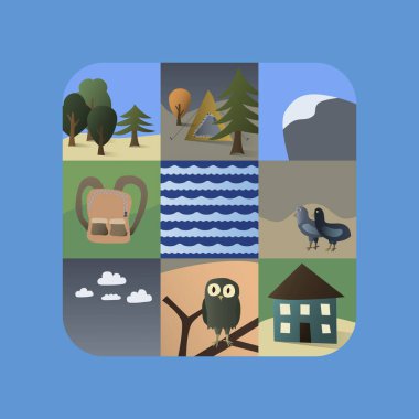vector with camping and travel icons on blue clipart