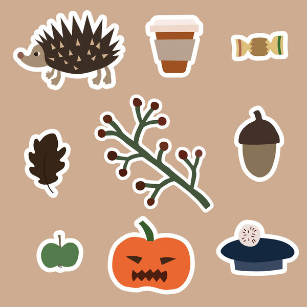 vector with halloween carved pumpkin and fall season stickers on beige 