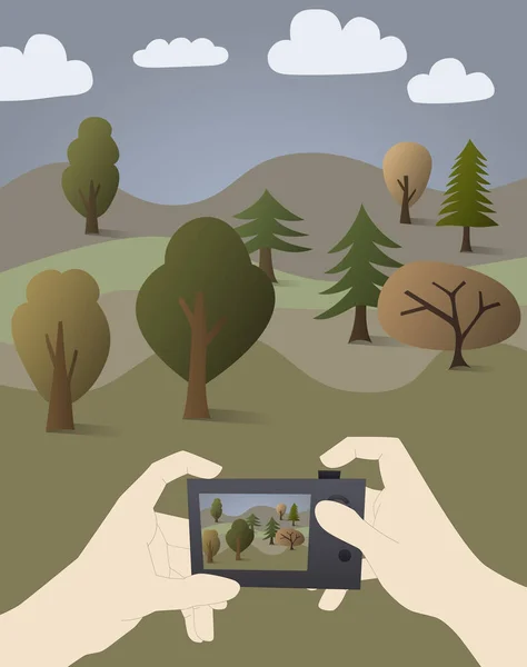 Vector Cartoon Photographer Taking Photo Forest — Stock Vector