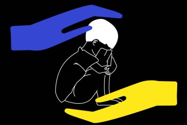 illustration of hands with colors of national ukrainian flag near scared kid crying isolated on black, no war concept  clipart
