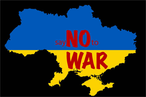 illustration of ukrainian territory with say no to war lettering isolated on black 