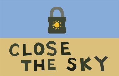 illustration of padlock near close the sky lettering on blue and yellow  clipart