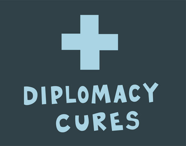 illustration of blue cross near diplomacy cures lettering on dark background 