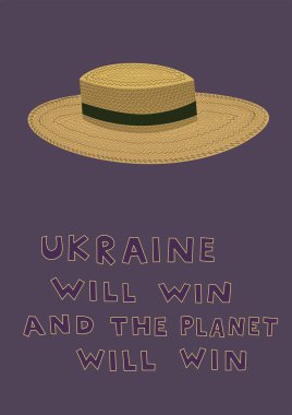 illustration of straw hat near ukraine will win and the planet will win lettering on purple clipart