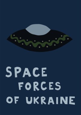 illustration of ufo near space forces of ukraine lettering on dark blue clipart