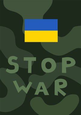 Ukrayna bayrağının resmedilmiş hali, arka planda yeşil askeri desenli savaş mektupları.