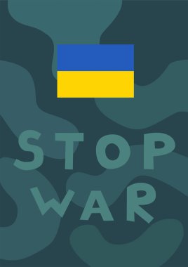 illustration of ukrainian flag near stop war lettering with blue military pattern on background clipart