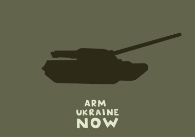 illustration of military tank near arm ukraine now lettering on green background clipart