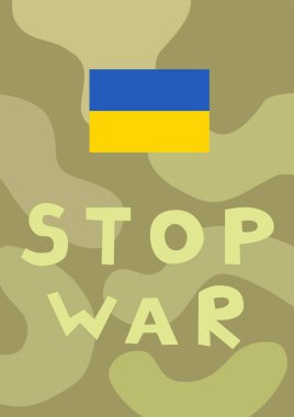 Ukrayna bayrağının örnekleri savaş kelimelerini durdurmanın eşiğinde ve arkasında askeri desenler var.
