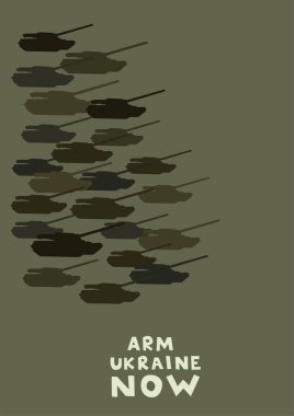 illustration of military tanks near arm ukraine now lettering on green background clipart
