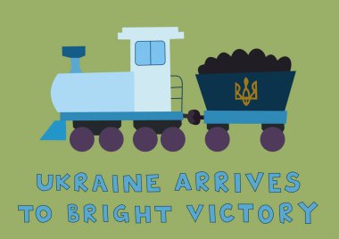 illustration of cartoon train with national trident symbol near ukraine arrives to bright victory lettering on green  clipart