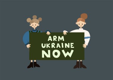 illustration of ukrainian women holding placard with arm ukraine now lettering on grey clipart