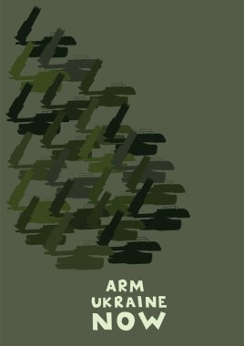 illustration of military camouflage pattern near arm ukraine now lettering on grey clipart