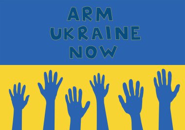 illustration of drawn hands near arm ukraine now lettering with flag on background  clipart