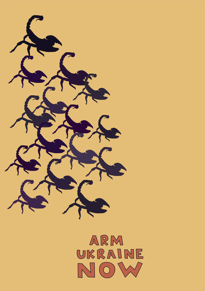 illustration of scorpions with stingers near arm ukraine now lettering on beige background 