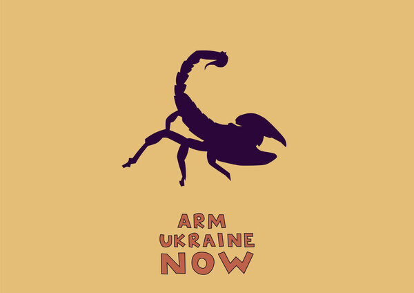 illustration of scorpion with stinger near arm ukraine now lettering on beige background 