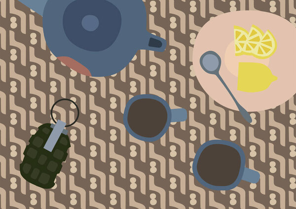 illustration of teapot and cups near sliced lemons on plate and grenade on abstract background 