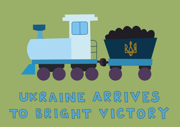 illustration of cartoon train with national trident symbol near ukraine arrives to bright victory lettering on green 