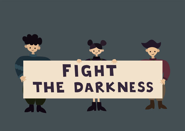 illustration of ukrainian people holding placard with fight the darkness lettering on grey