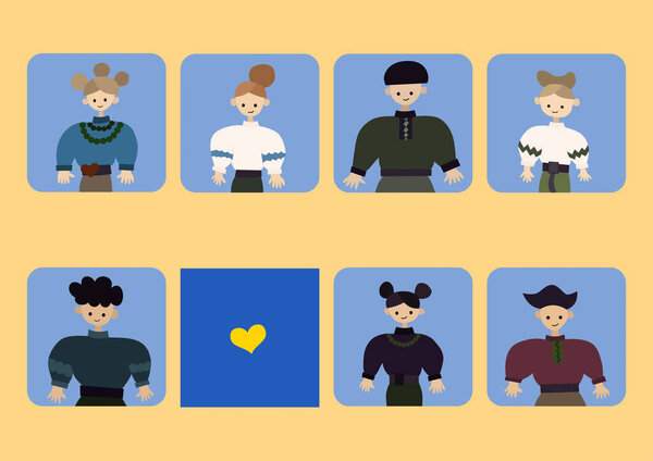 illustration of people in windows near yellow heart sign on blue, support ukraine concept