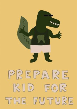 illustration of cartoon crocodile near prepare kid for the future on yellow, pray for ukraine concept  clipart