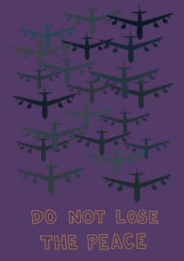 illustration of airplanes near do not lose the peace lettering on purple, support ukraine concept  clipart