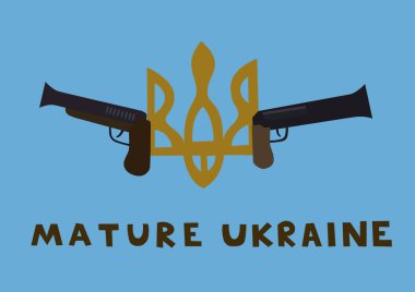 illustration of trident near guns and mature ukraine lettering on blue clipart